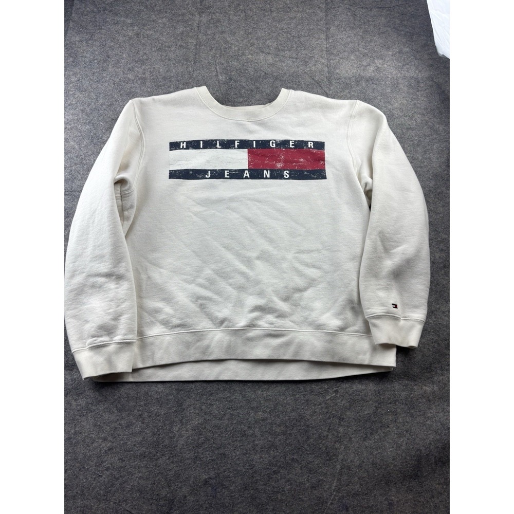 Tommy Hilfiger Sweatshirt‎ Adult XL Cream Crew Neck Pullover Graphic Logo SEE